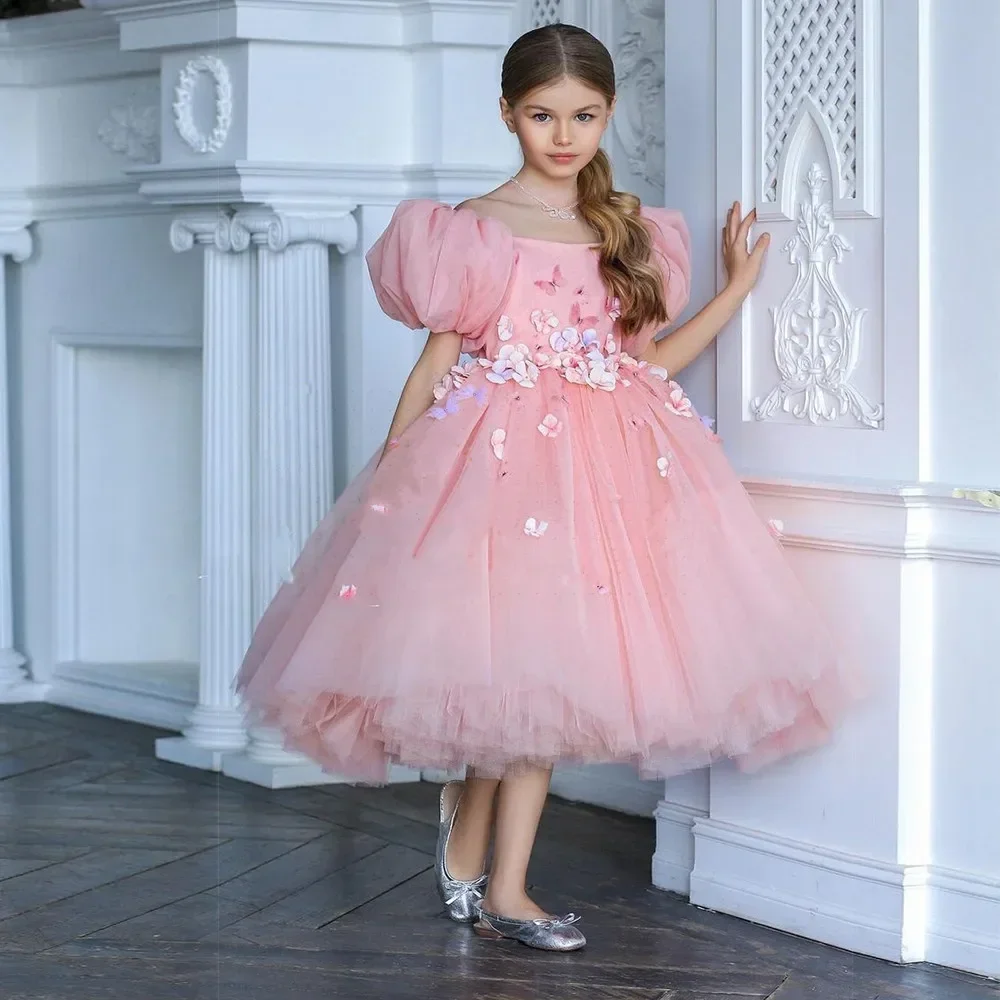 Pink Flower Girl Dresses Tulle 3d Applique Short Puff Sleeve Princess Birthday Party Ball Gown Christmas Beauty Pageant Dress