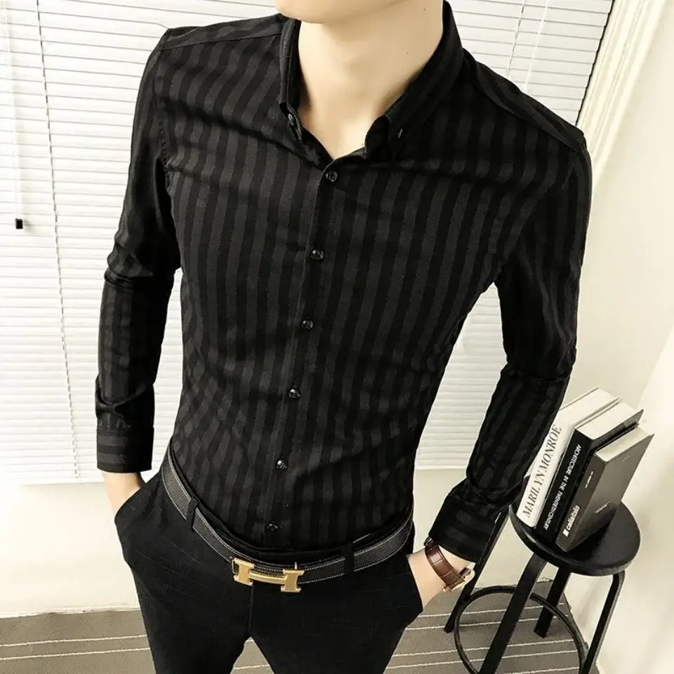 Men's Long Sleeve Fleece Lined Shirt Slim Fit Casual Korean Style Striped Thermal Shirt Handsome Leisure Shirt Autumn Spring