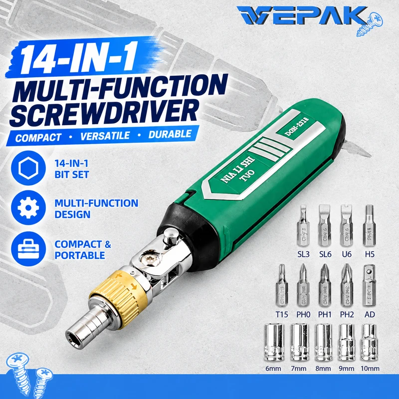 VEPAK 14-in-1 Multi-Angle Ratchet Screwdriver 9 Bits +5 Sockets Set Bidirectional Ratchet Multi-Angle Bendable Head Hand Tool