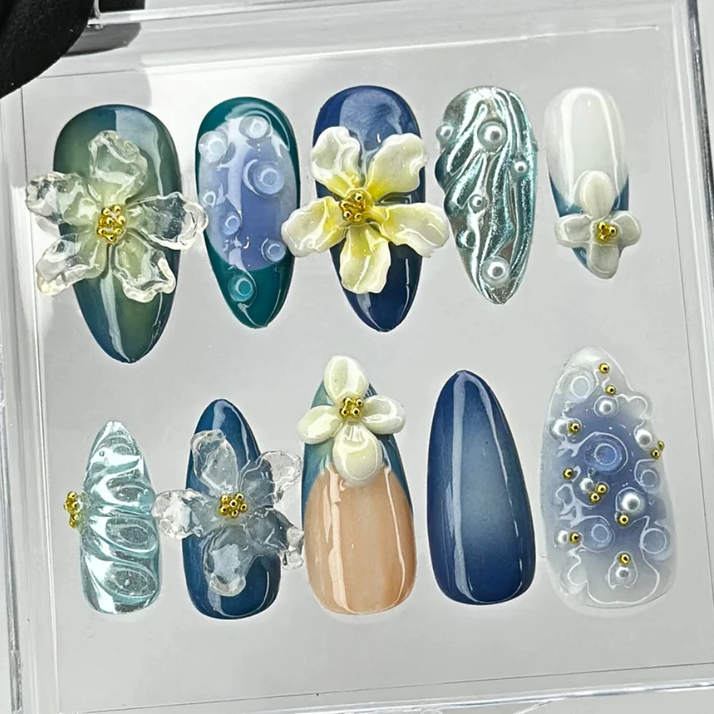 10 sztuk ręcznie robionych manicure Średnie migdałowe sztuczne paznokcie 2024 Nowe urocze paznokcie 3D Flower Press On Nails Design z zestawem