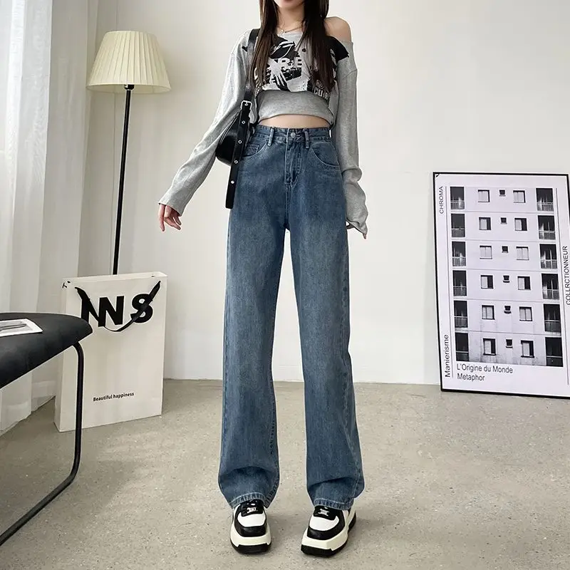 Women's Spring Autumn High Waisted Button Zipper Pockets Solid Casual Loose Straight Leg Jeans Wide Leg Workwear Vintage Pants