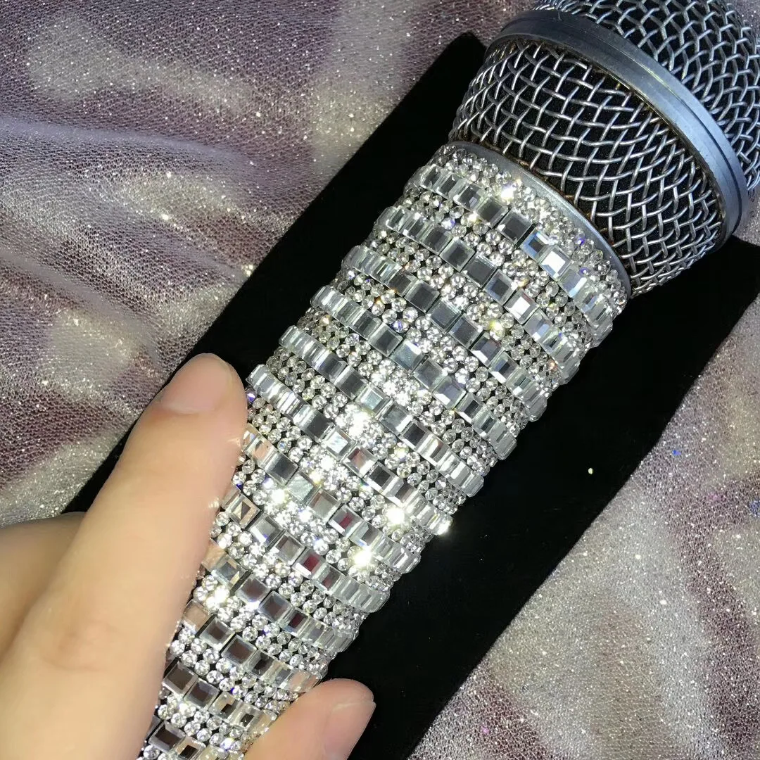 Microphone de scène plein de diamants, décoration à la mode, boîte de nuit, DJ, chanteur, accessoire spectacle, strass, ensembles de microphones de scène