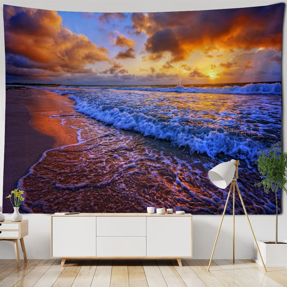 Beautiful sea view tapestry, beach coconut tree wall hanging cloth, dormitory living room decoration, background wall poster