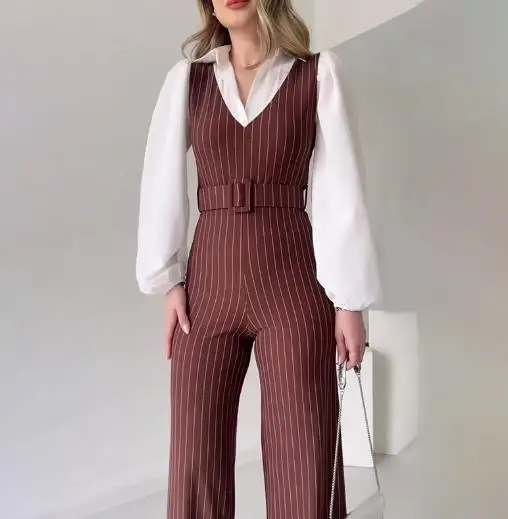 Tuta da donna New Fashion Autunno 2025 Elegante risvolto Contrasto Falso in due pezzi a righe Tute a vita alta per le donne