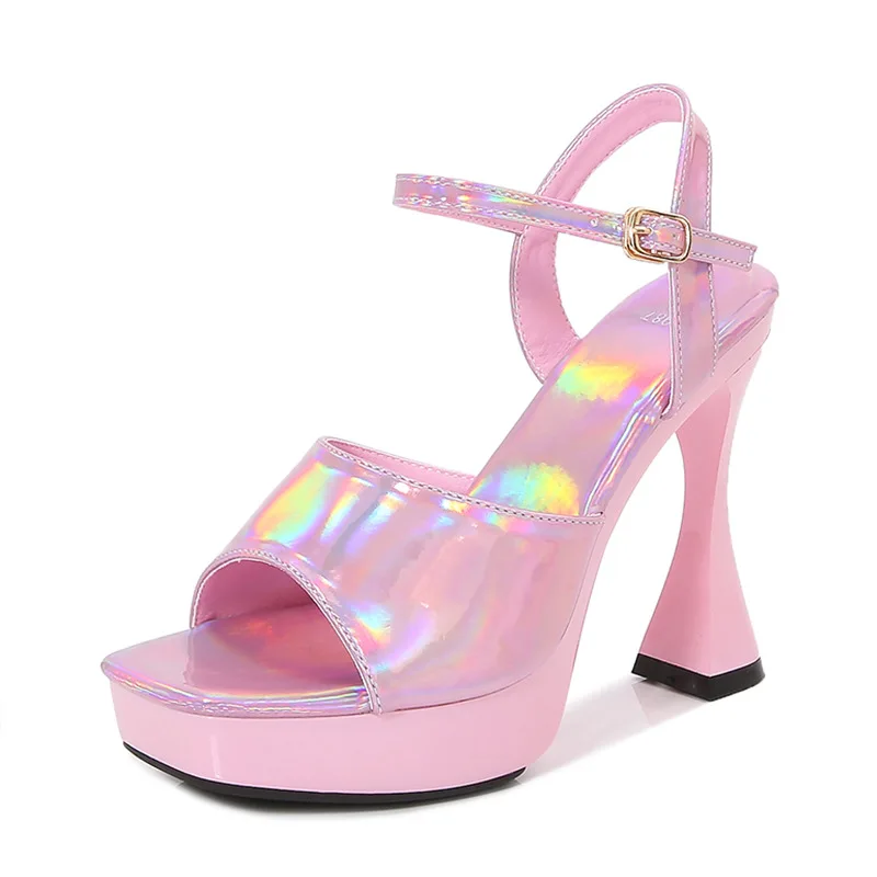 12CM Laser Wine Glass Heel Waterproof Platform Thick Heel Stage Sandals for Women  Runway High Heels Fashionable Party Shoes