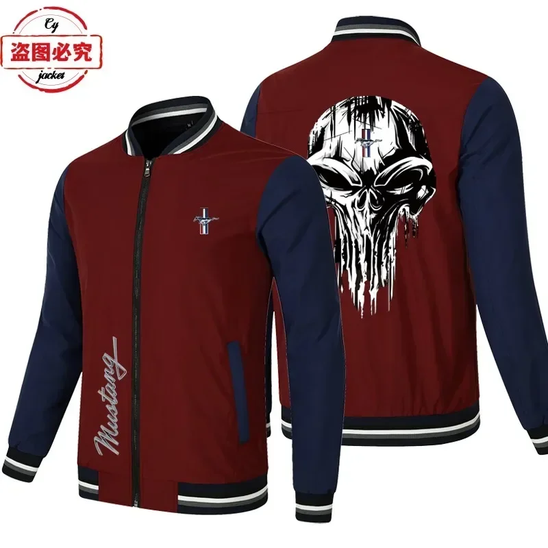 European size  Mustang logo jacket loose casual long-sleeved men's color matching top baseball jacket group racing suit