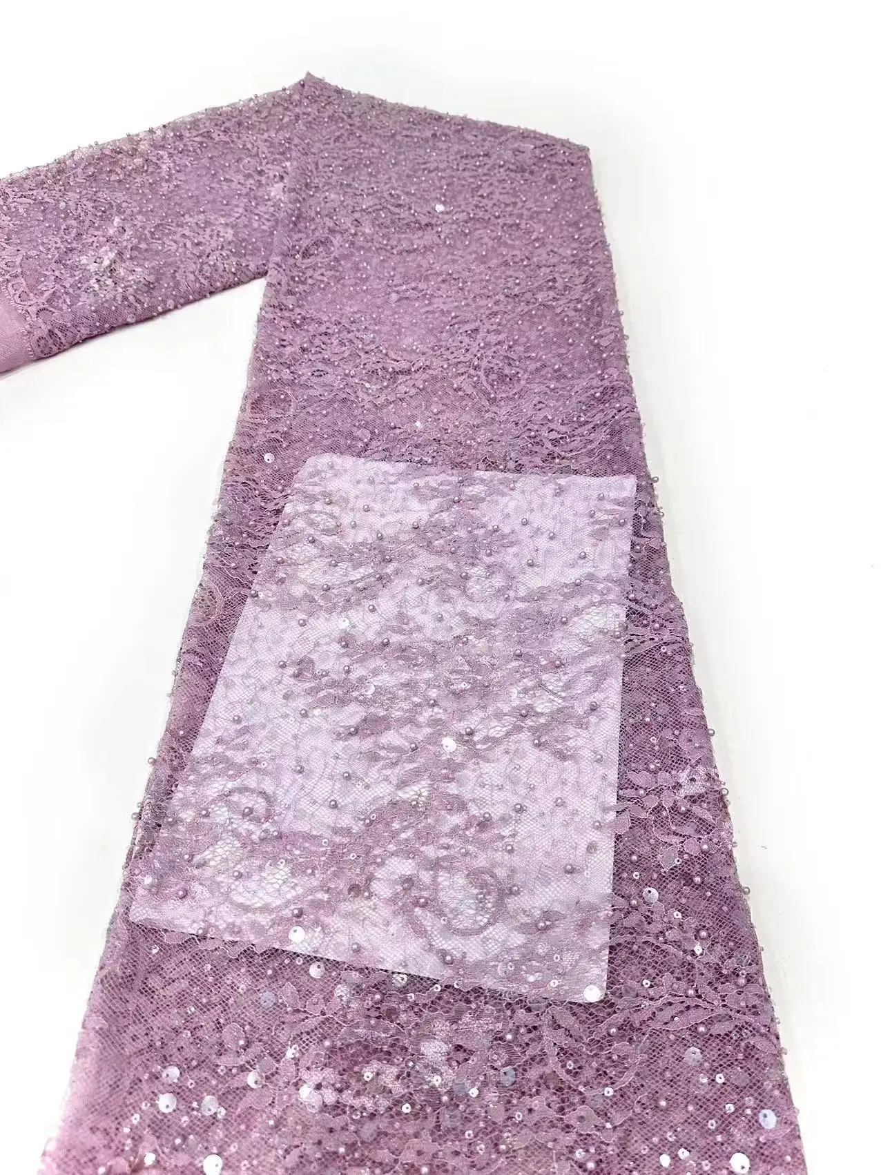 

Pink Sequins African Lace Fabric 2026 French Embroidery High Quality Luxury Heavy Beaded Bridal Wedding Lace