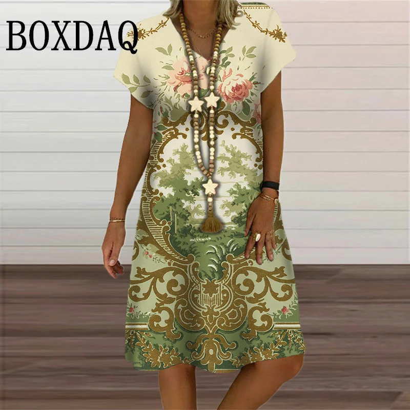 2023 Vintage New Summer Women's Pullover V-Neck Printed A-Line Dress Fashion Casual Loose Short Sleeve Elegant Oversized Dresses