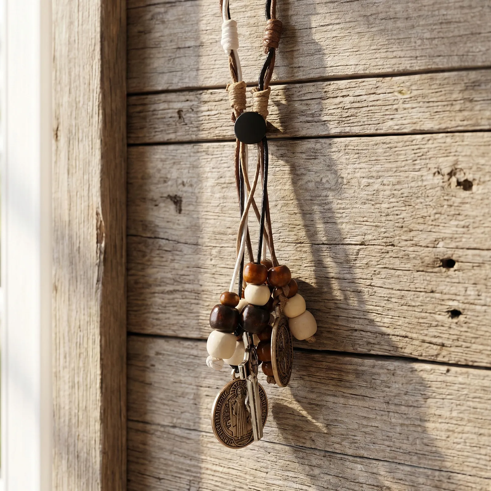 2Pcs Saint Benedict Cross Hanging Charm Handmade Rustic Wooden Bead Crucifix Catholic Religious Decor for Car Mirror Home Door