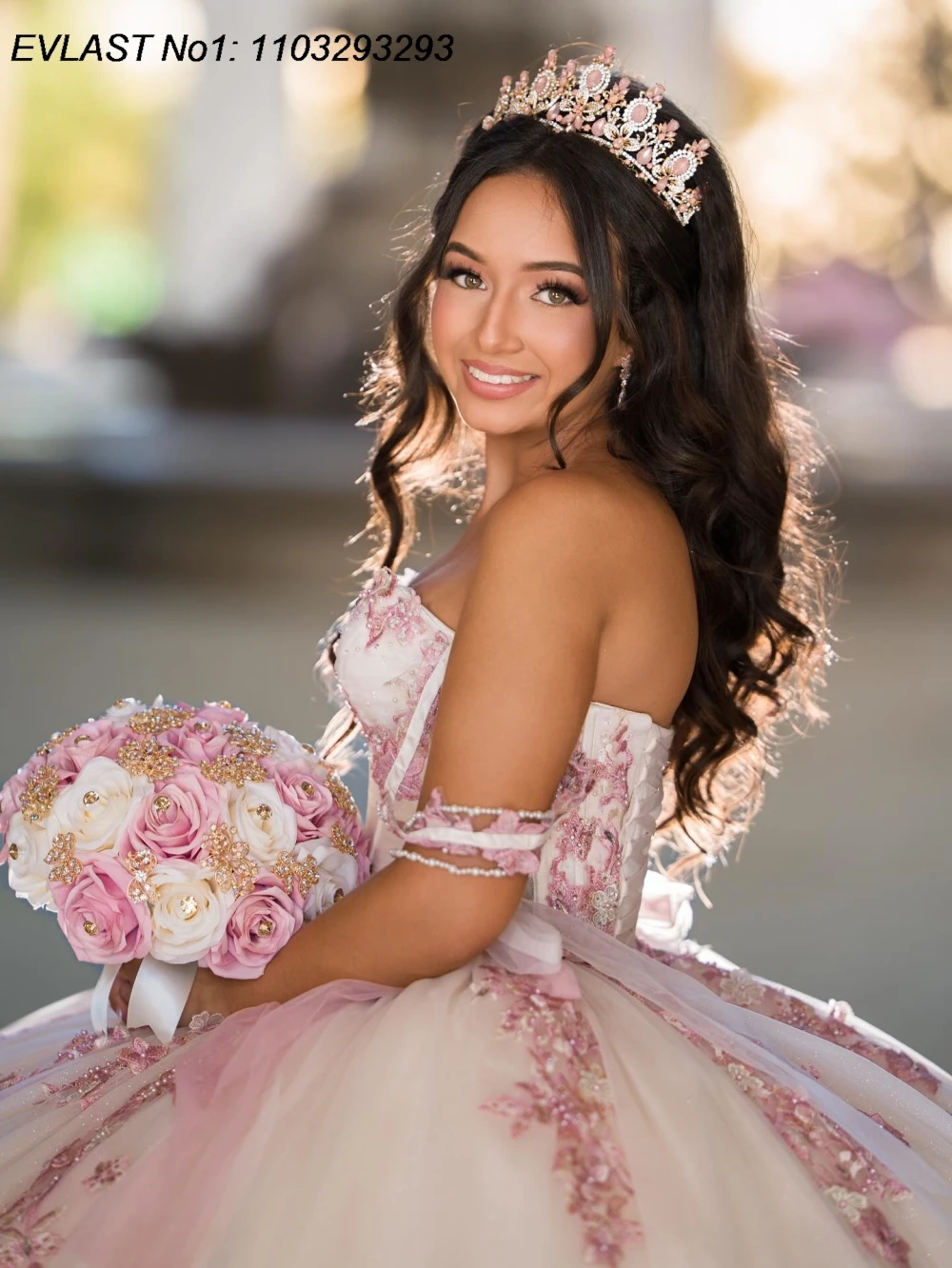 EVLAST Personalizado Glitter Marfim Quinceanera Vestido de Baile Rosa Floral Applique Beading Doce 16 Vestidos De 15 Anos E1QN652