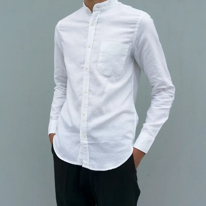 Harajuku Men's  Stand Collar Linen Shirt Long Sleeve Casual Button Down Cotton Linen Shirts Band Collar Beach Sold Color Shirt