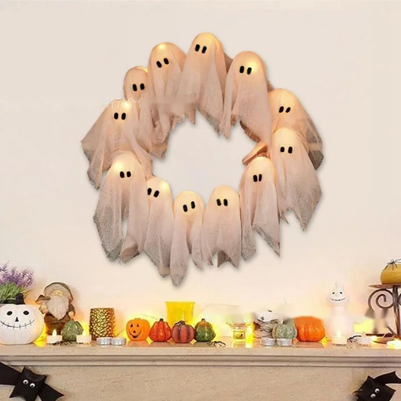 Halloween Ghost Shine Wreath Glow Spirit Door Hanging Decoration Party Yard Indoor Bar Holiday Gift Halloween Easter Christmas view 3