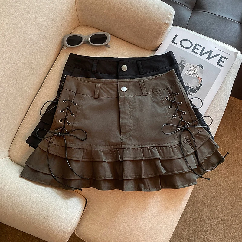 Summer Streetwear Mini Skirt Women Vintage Hottie Bandage Slim Fit Ruffles Skirts Y2K Harajuku High Waist A Line Kawaii Skirt