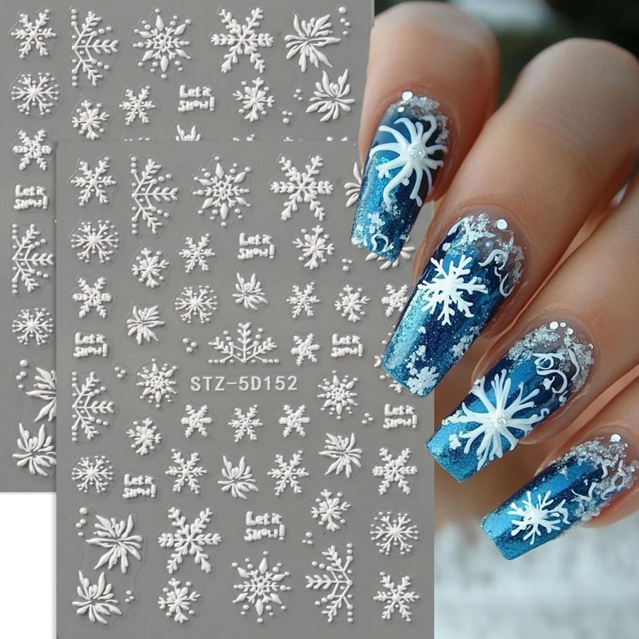 Weihnachts-Nagelkunst-Aufkleber – selbstklebende 5D-Aufkleber, weiße Schneeflocke und Winter-Romantik-Designs, perfekt für Urlaubsmaniküre
