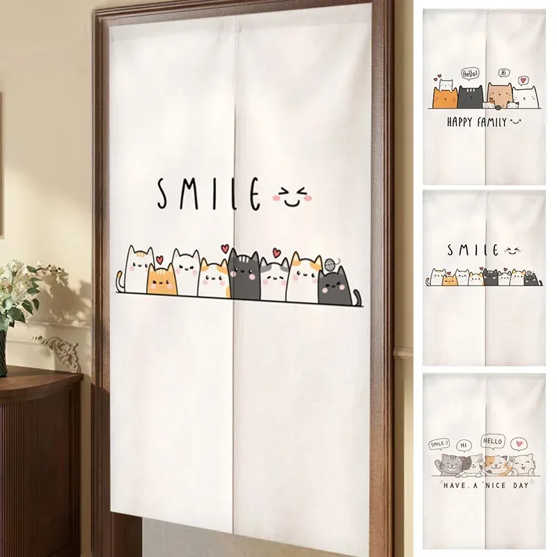 VIKAMA Japanese-Style Cat Half-Curtain Door Drapery Adorable Cartoon Maneki-neko Print Door Curtain Ideal for Bedroom Partitions
