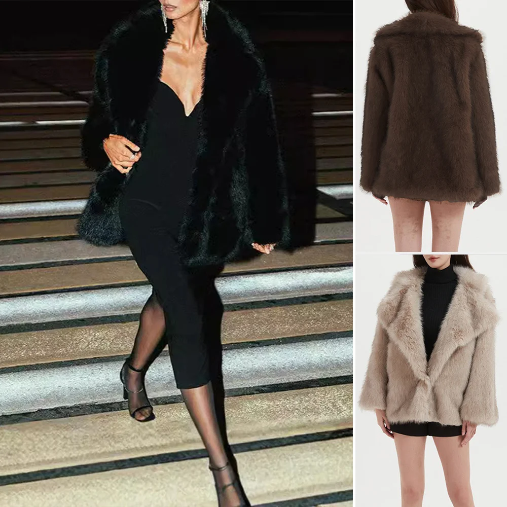 

Женские пальто, осень-зима 2025 г., модное острое длинное пальто из искусственного меха с глубоким v-образным вырезом и длинными рукавами, открытое спереди, облегающее длинное пальто