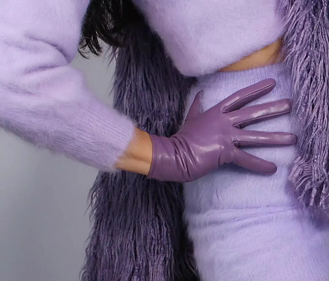 REAL LEATHER GLOVES Wrist Short 25cm Genuine Lambskin Sheepskin Purple Lavender Warm Lined Driving Glove Evening Fashion Costume