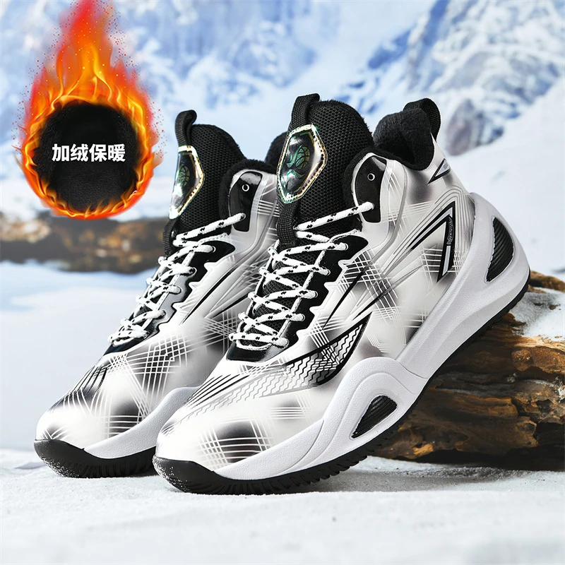 Men Winter Fleece Lined Basketball Shoes Waterproof High‑top Sneaker Rubber Non‑slip Sole Warm Athletic Training Shoe Size 35‑45