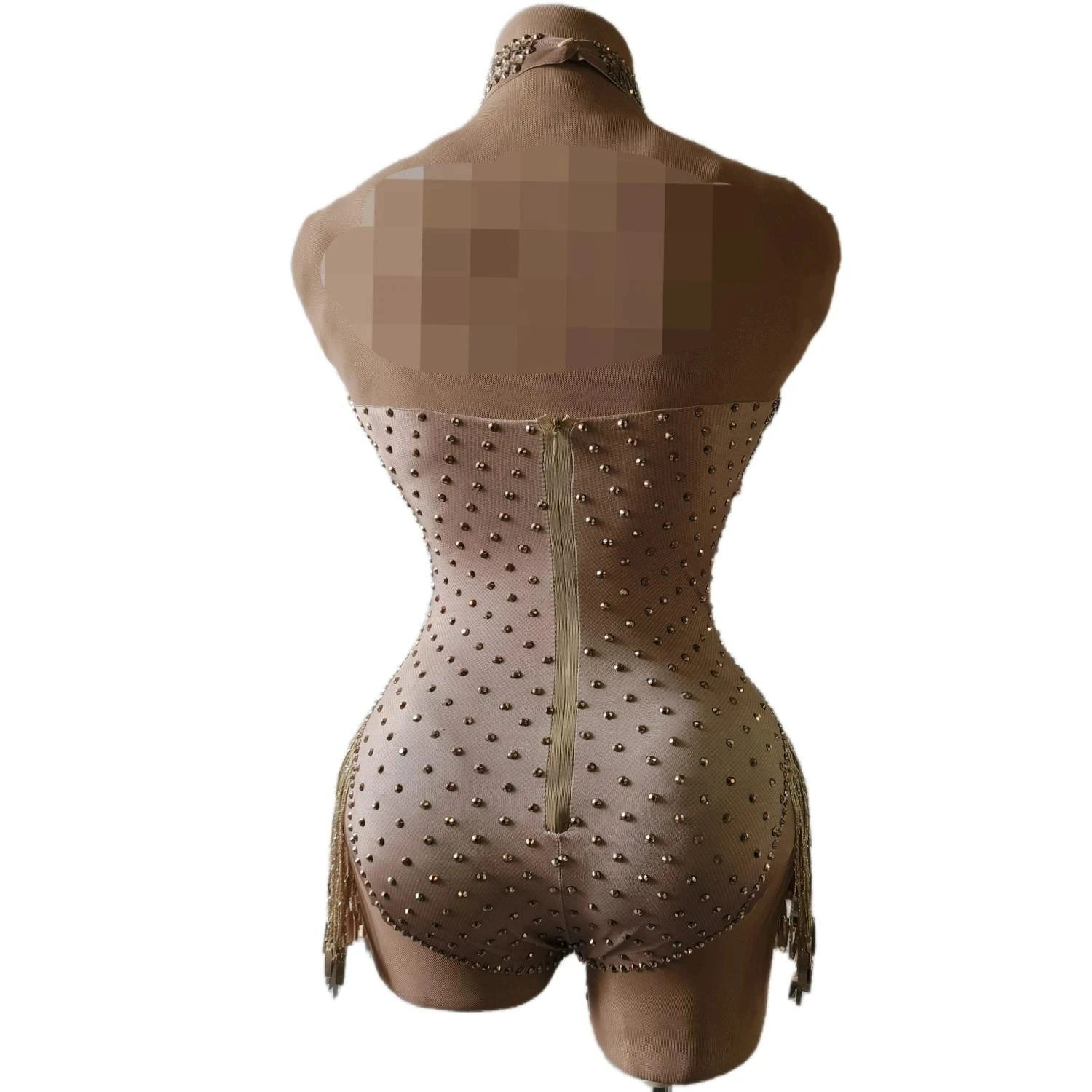 Bodysuit de strass brilhante para mulheres, borla dourada, boate sexy, mostrar o maiô, traje de dança, pole cantor, DS DrQueen palco, borla