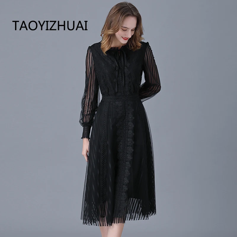 Plus Size Women Lace Dresses Bottomed All Seasons European and American Fashion New Temperament Black with A-word Casual Dress