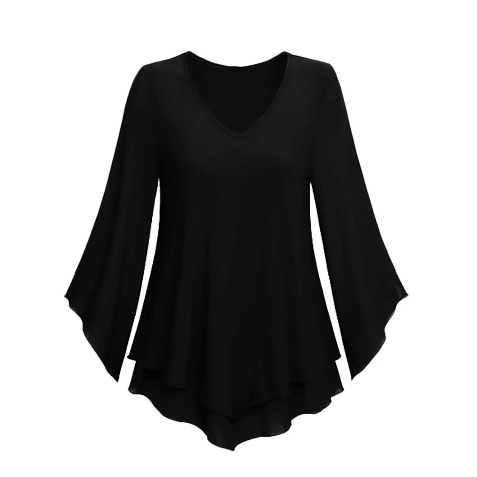 Women's Double Pleated Three Quarter Bell Sleeve Tunic Top Chiffon Blouse Womens Career Jacket