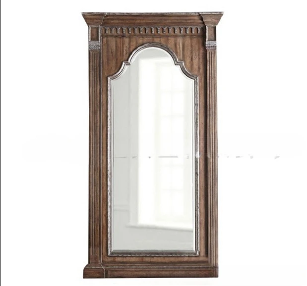 Solid wood barber shop full-length mirror retro carved log oak full-body floor mirror