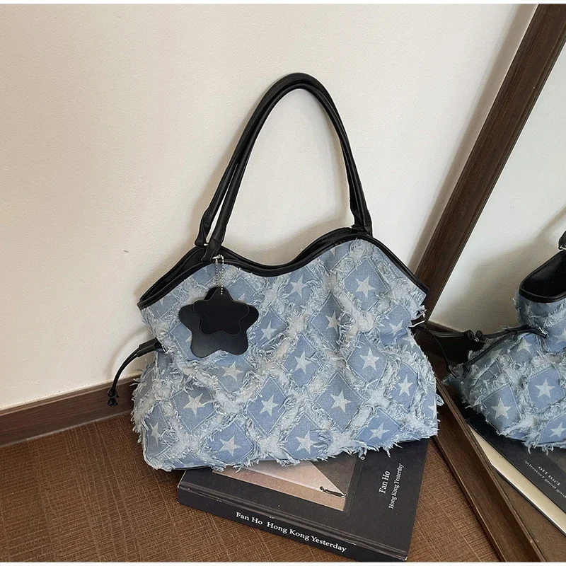 Denim Canvas Grid Umhängetasche, Damen-Umhängetasche mit großem Fassungsvermögen, lässiger, niedlicher Wald-Stil, Reisetasche, Handtasche für den täglichen Pendelverkehr, Blau – Detail 2