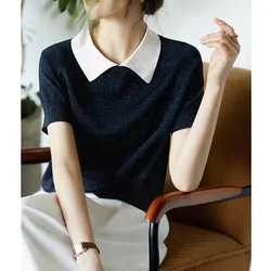 Summer all-match bright  collar ice silk knit short sleeve cotton thread half sleeve thin loose T shirt for women slim top