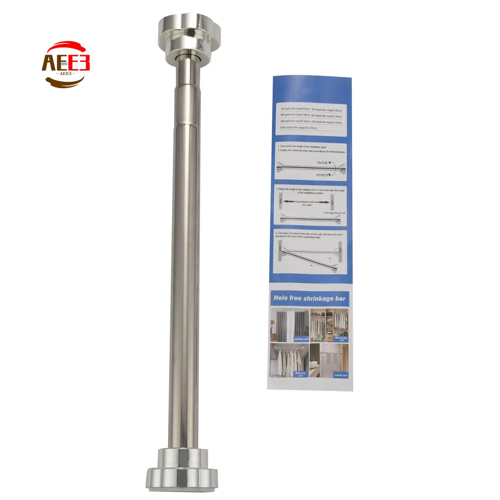 AEE3-Extendable Clothes Drying Pole Stainless Steel Shower Curtain Rod Retractable Spring Tension Rod For Bathroom