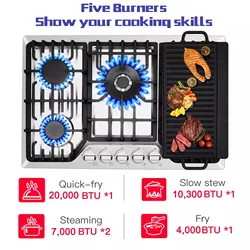 Tieasy 5 Burners 30 inch NG/LPG Stainless Steel Built-in Hob with Grill Gas Cooktop HG001-305S