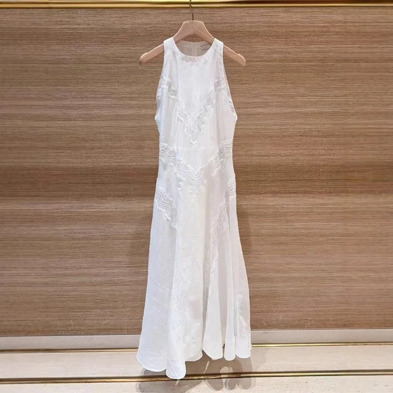 

French Niche Design Summer Lace Sleeveless Undershirt Dress Female Summer New Elegant Temperament Waisted Long Dress