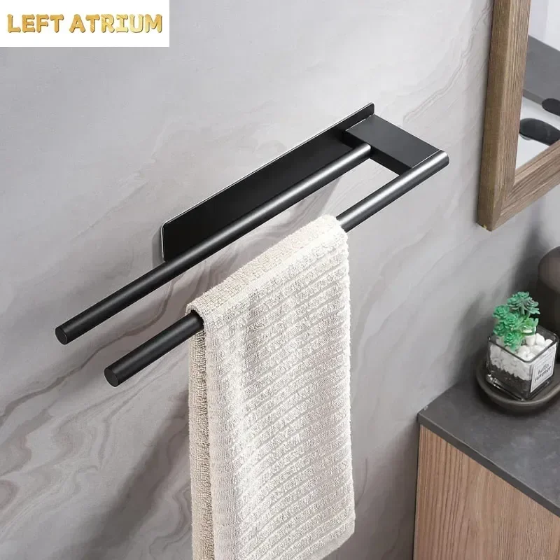 

Wall-Mounted No Drilling Towel Rack Stainless Steel Self Adhesive Single Bar Double Bar Bath Towel Pole Bathroom Storage Shelf
