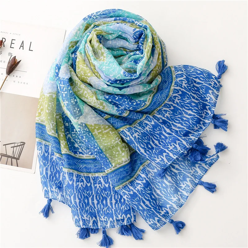 Women's scarf bohemian blue printed neck scarves woman 2024 spring autumn head scarfs women autumn accessories