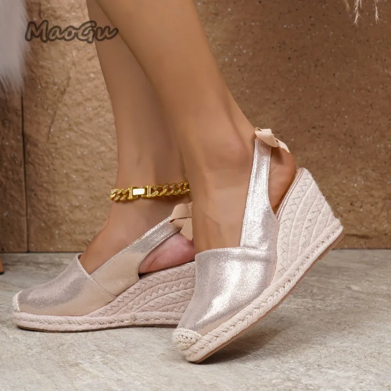 Champagne Glitter Slingback Espadrille Wedge Sandals Round Crochet Toe Back Bow Women's Fashion Platforms Sandals Size 35-43