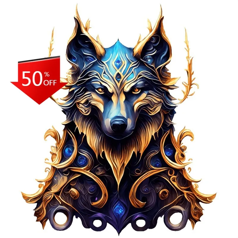 

Animal Sticker Wolf Head Vibrant Colorful Blue And Gold Windshield Trunk Decoration