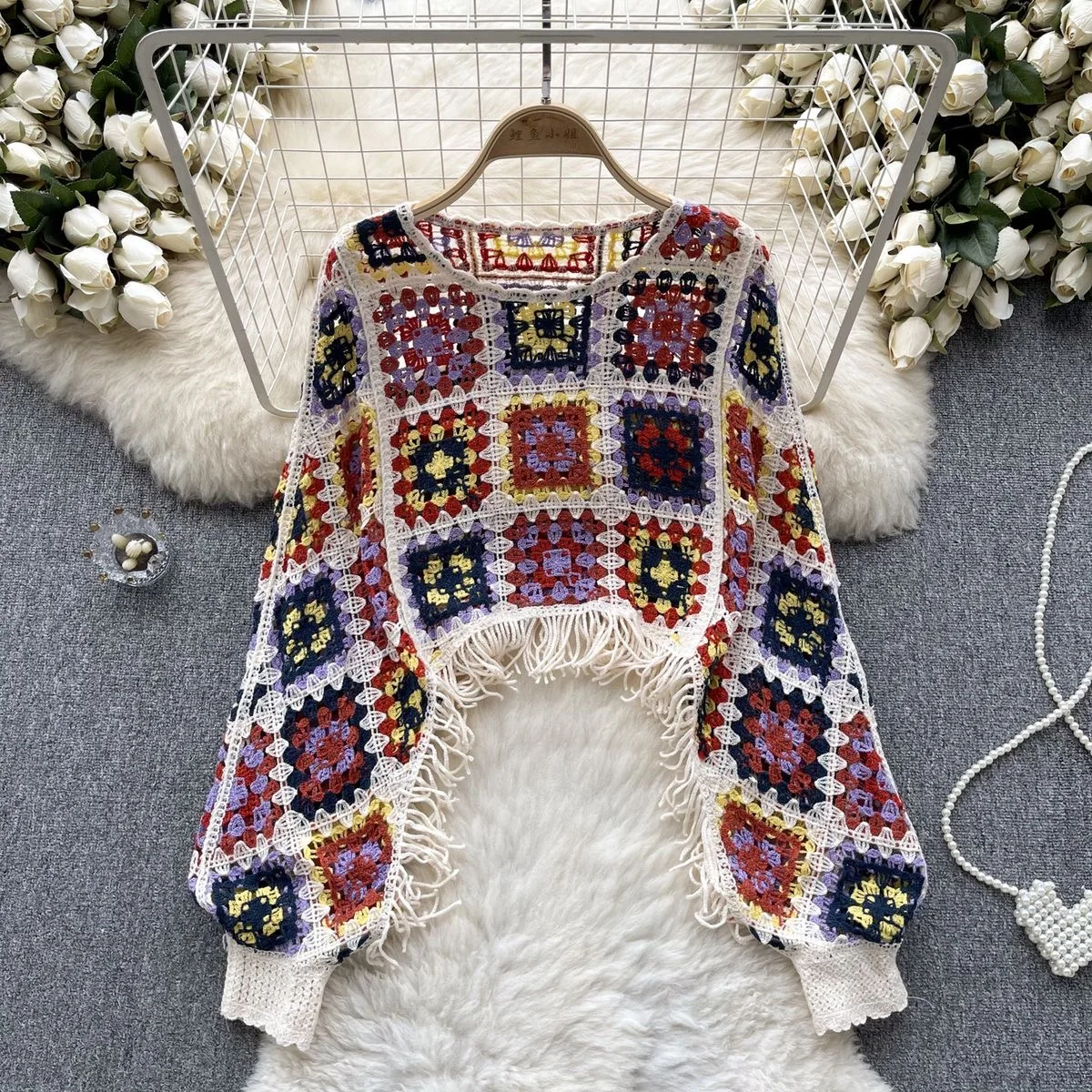 Ethnic Style Knitted Cardigan Women Ruffles Plaid Tassel Female Sweaters Ladies Bohemia Holiday Autumn Cardigans Dropshipping