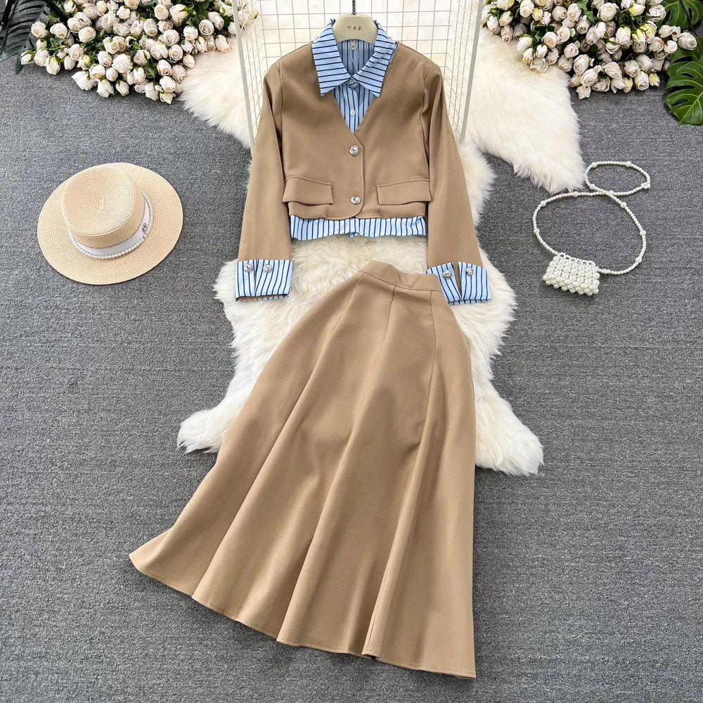 

Fashion Set Women's Fake Two Piece Design Sense Polo Neck Stripe Splice Suit Coat Two Piece Set High Waist Half Skirt