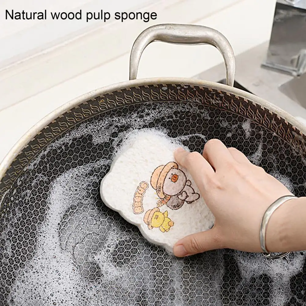 1 Set Practical Good Toughness Thickened Cartoon Compressed Wood Pulp Sponge Dish Cloth Home Supply Dish Cloth Wipe Cloth