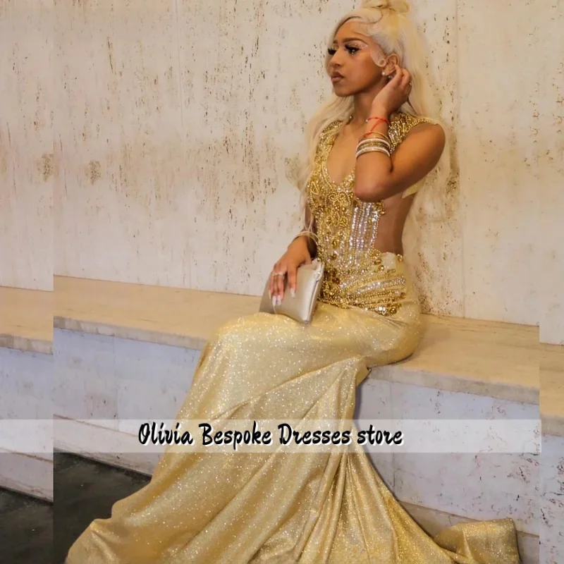 

Customized Golden Sequins Mermaid Prom Dress For Black Girls Rhinestone Beaded Birthday Party Gown Robes De Soiree
