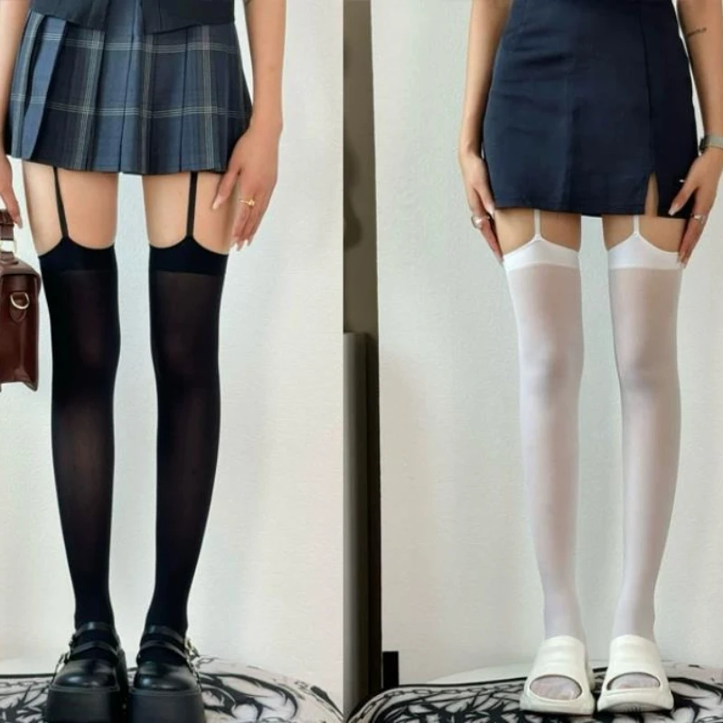Damen Sexy Strapshalter-Overknee-Strümpfe aus Samt, dünn, schwarz-weiß, unregelmäßig, mit freiliegender Haut, JK Japanische Overknee-Socken