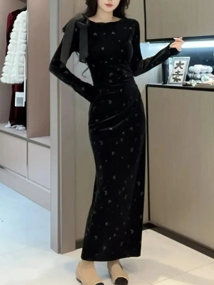 新しい長袖レースアップボディコンワンピース、プリントベルベット、エレガントでスリムなファッションローブ、ストレートベント、ルーシュドミドル丈、スイートドレス