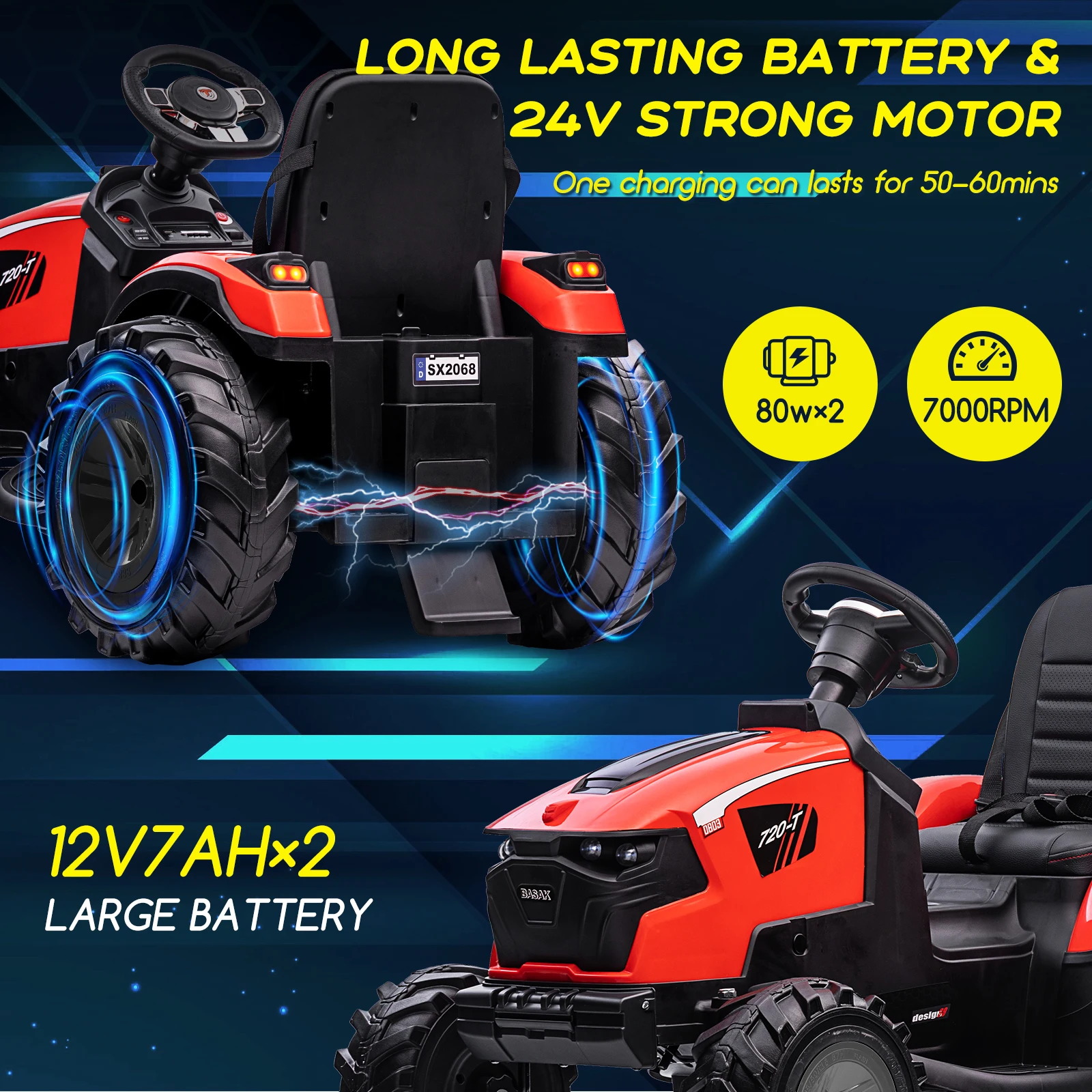 Trattore, escavatore e bulldozer 3 in 1, veicolo elettrico 24 V con rimorchio, secchio per pala, escavatore, telecomando, giocattolo per bambini
