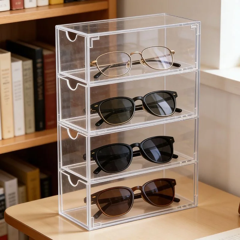Clear Acrylic 4-Tier Eyewear Organizer, Dustproof Drawer Storage for Sunglasses & Glasses, Desktop Display for Vanity Office