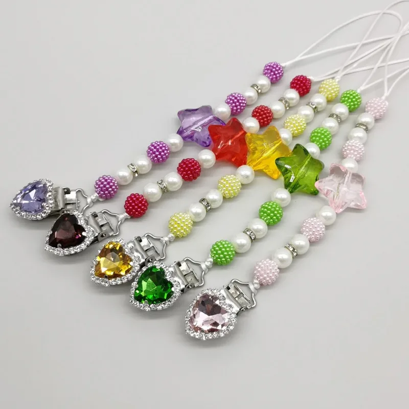 1 Piece New Creative Design Baby Pacifier Clip Retro Shiny Heart Rhinestone European Nipple Chain Clip Infant Anti-drop Chain