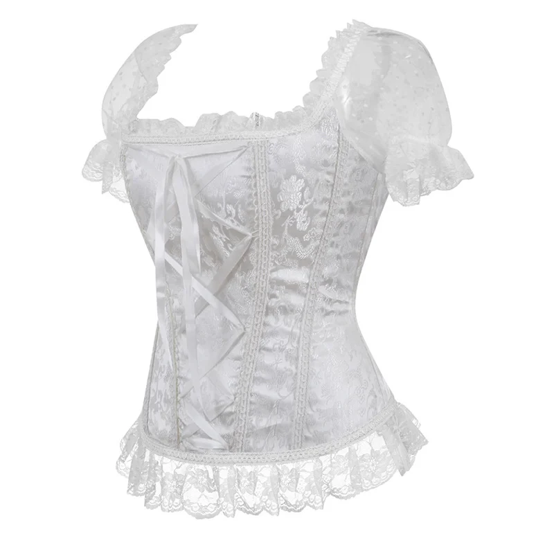 Victorian Corset Top for Women Pink Princess Corset Blouse Top White Lace Lolita Corset Bustier Short Sleeves