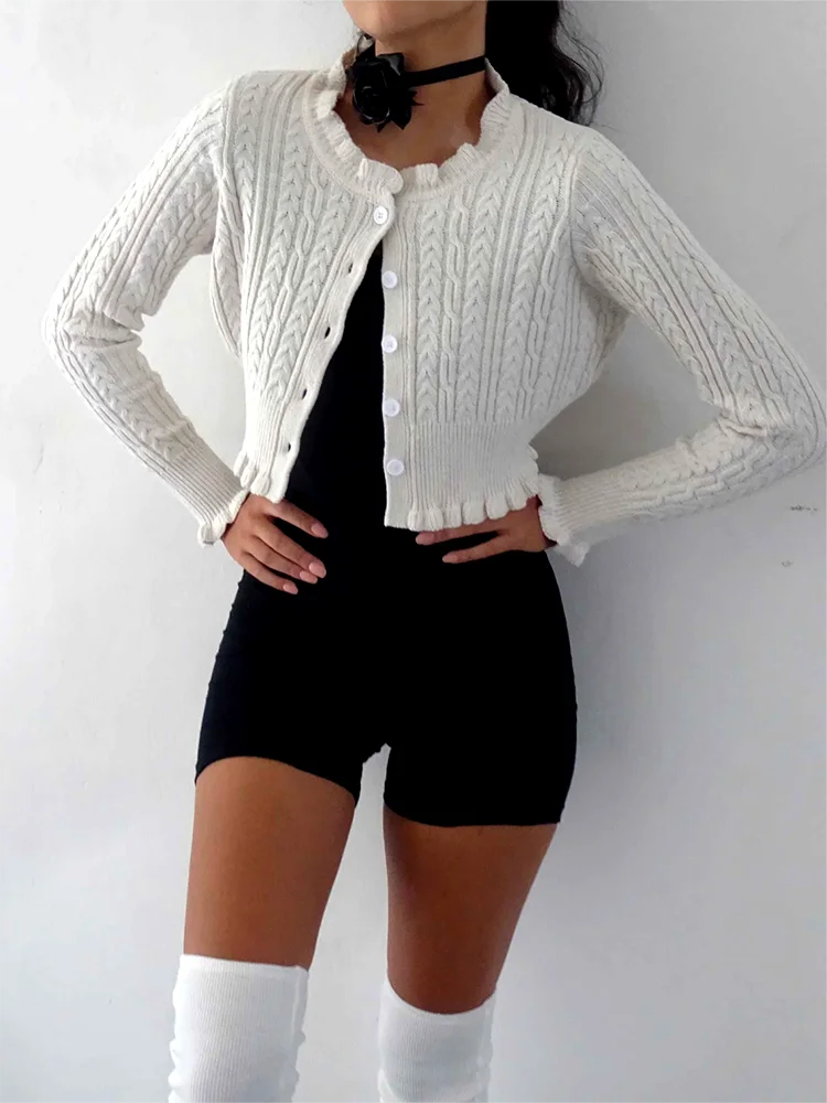 

Le Luz French Chic Cropped Sweater Cardigan White Navy Twisted Spring Autumn Knitted Long Sleeve Women Ladies Y2K Knitwear New