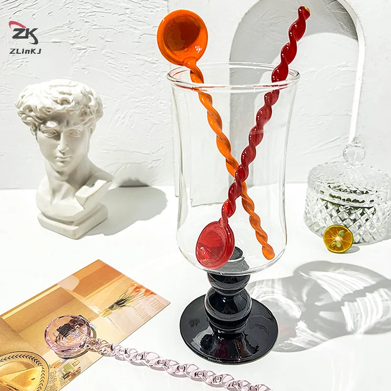 Cucharas de café de vidrio con mango largo, cucharadita colorida y Linda, accesorios de cocina, cuchara de helado de postre de leche