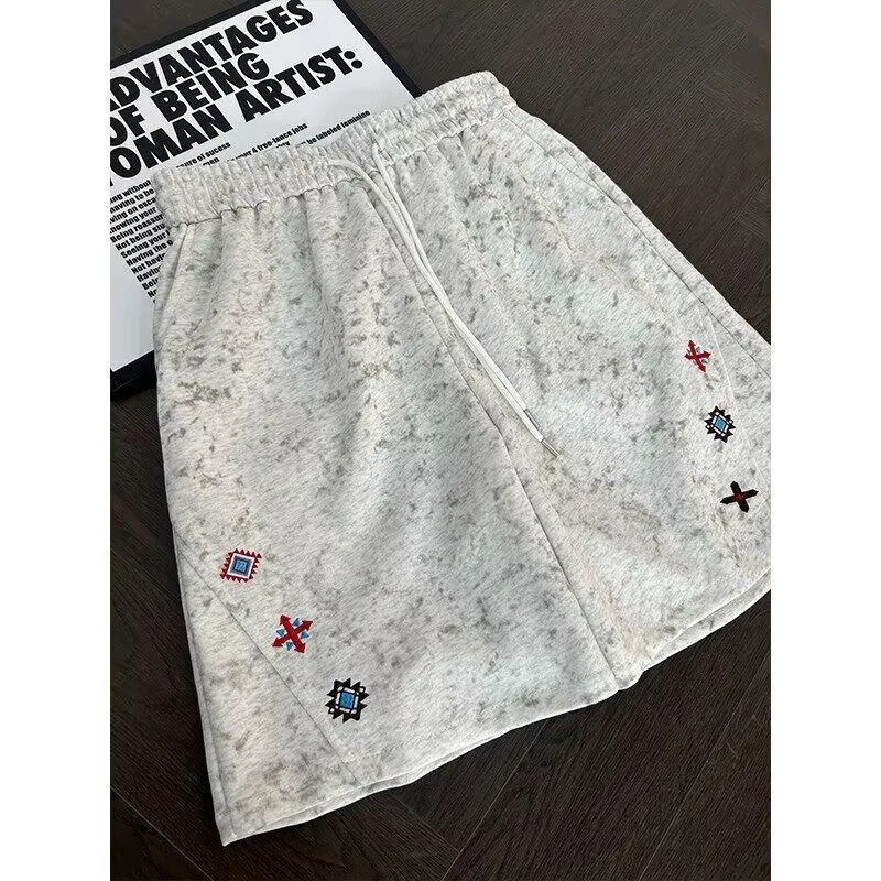 Fashionable Embroidered Hip Hop Sports Shorts American style Y2K Men's and Women's Street Loose Wide Leg Casual Rope Shorts