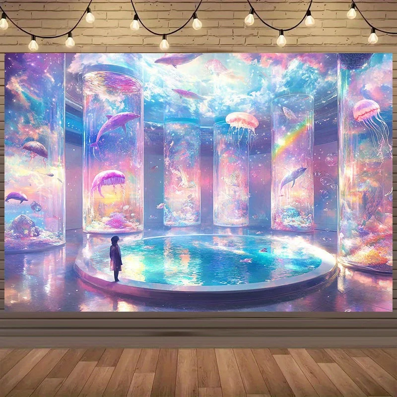 Dreamy Aquarium Jellyfish Dolphin Tapestry Cosmic Underwater World Wall Art Fantasy Sea Life Glowing Cylinders Magical RoomDecor