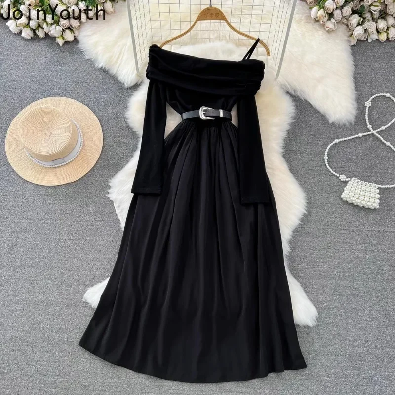 2024 Vestidos De Mujer Floral Dress Women Sexy Slash Neck Black Robe Femme Slom Waist Off Shoulder A-line Temperament Dresses